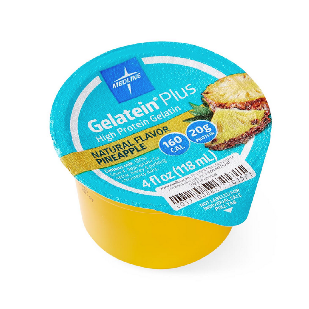 A single-serve cup of Medline Gelatein Plus High-Protein Gelatin, pineapple flavor, delivers 160 calories and 20g protein per 4 fl oz serving. Ideal for dysphagia diets. Blue lid with pineapple images. Sold as a case of 36.